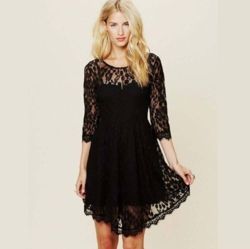 Free People Lace Black Dress SM Whimsy Goth Witchcore Dark Fairy Boho